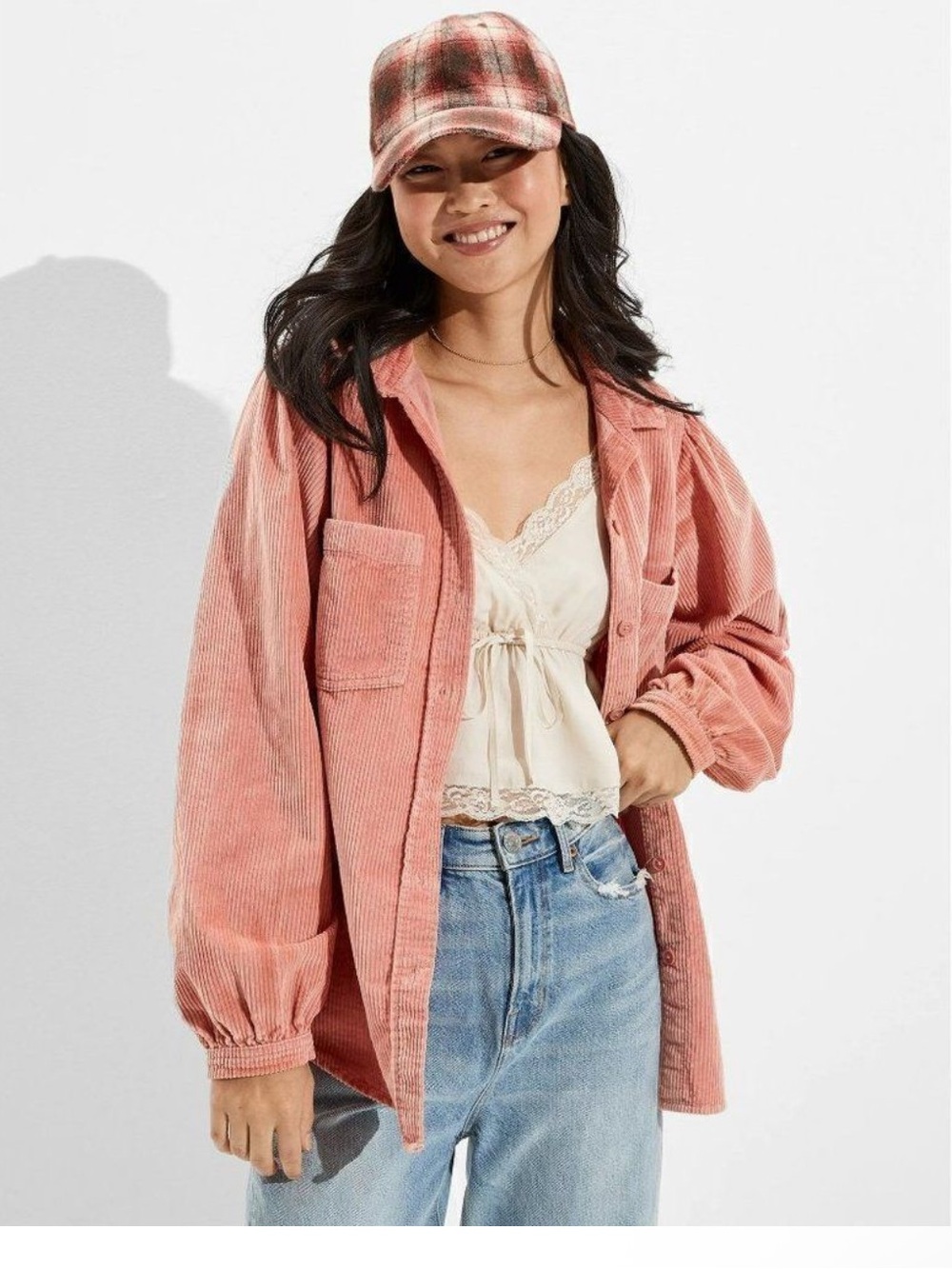American Eagle Outfitters Oversized Corduroy Shacket in Dusty Pink